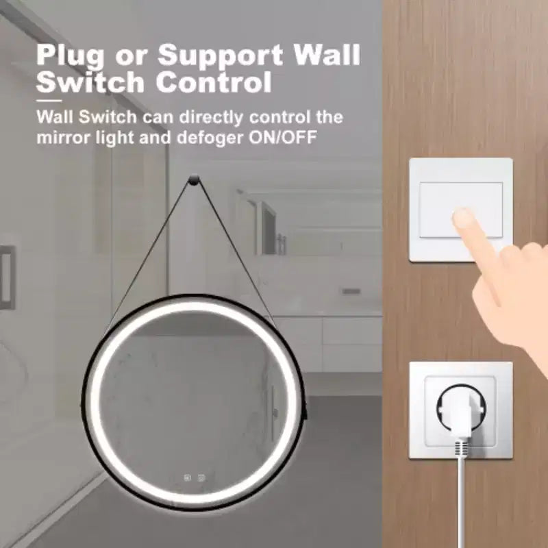 Specchio da bagno a LED da 32 pollici di classe con piano posteriore focalizzato, cornice in lega di alluminio nera, alta luminosità, touch dimmerabile, controllo con interruttore a parete