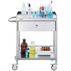 Carrello Medico, Carrello a 2 Strati in Acciaio Inox Capacità 100 kg, Carrello da Laboratorio con Ruote Silenziose a 360° e un Cassetto
