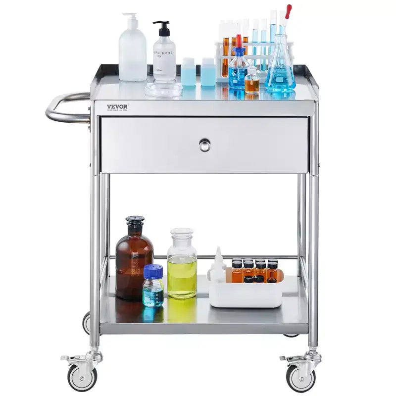 Carrello Medico, Carrello a 2 Strati in Acciaio Inox Capacità 100 kg, Carrello da Laboratorio con Ruote Silenziose a 360° e un Cassetto