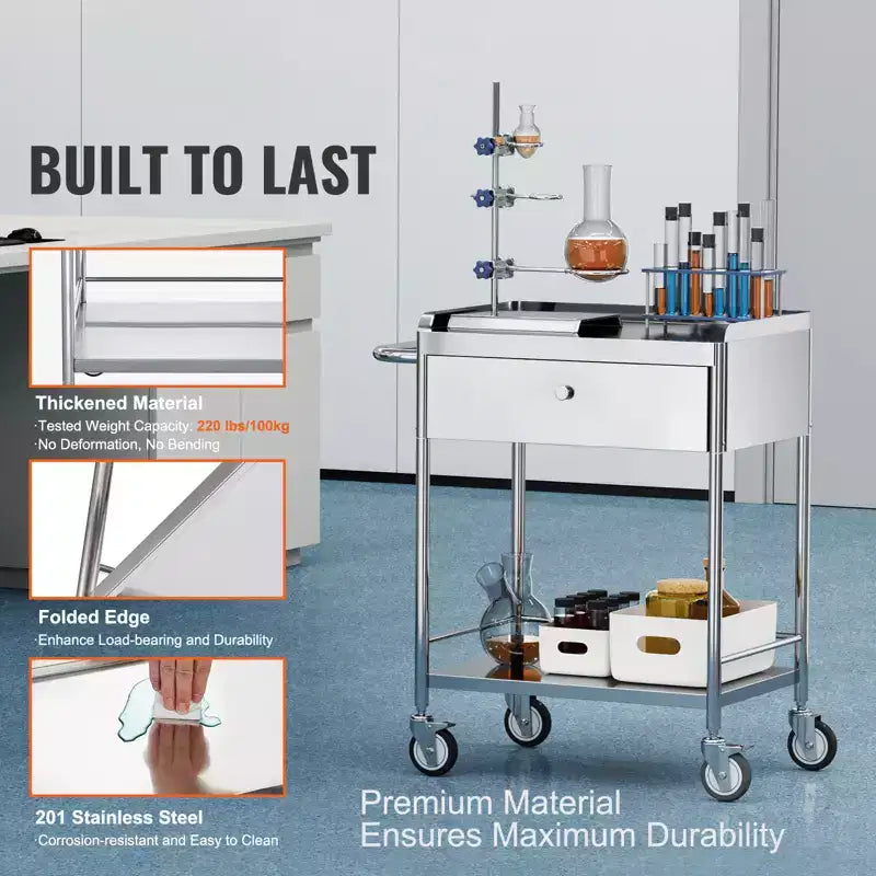 Carrello Medico, Carrello a 2 Strati in Acciaio Inox Capacità 100 kg, Carrello da Laboratorio con Ruote Silenziose a 360° e un Cassetto