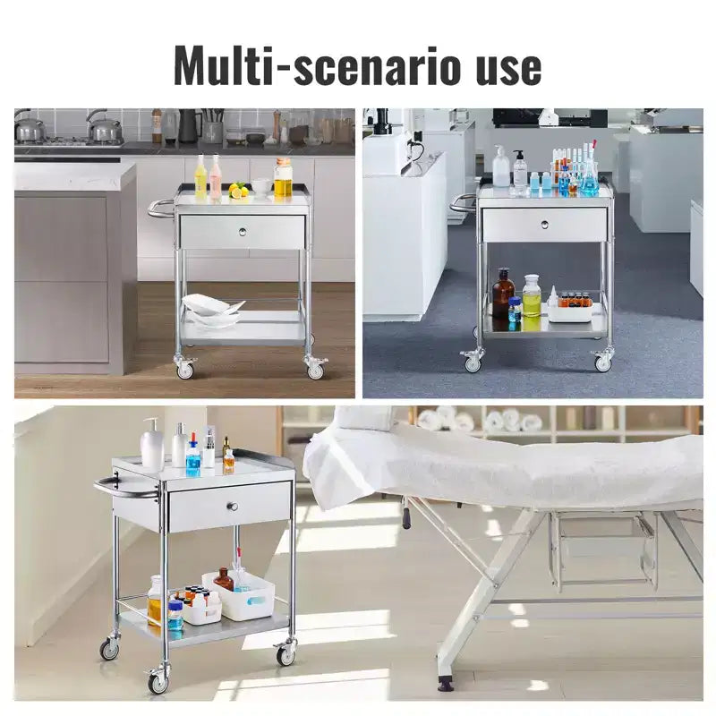 Carrello Medico, Carrello a 2 Strati in Acciaio Inox Capacità 100 kg, Carrello da Laboratorio con Ruote Silenziose a 360° e un Cassetto