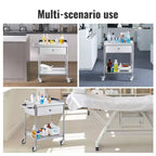 Carrello Medico, Carrello a 2 Strati in Acciaio Inox Capacità 100 kg, Carrello da Laboratorio con Ruote Silenziose a 360° e un Cassetto