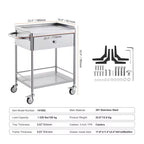 Carrello Medico, Carrello a 2 Strati in Acciaio Inox Capacità 100 kg, Carrello da Laboratorio con Ruote Silenziose a 360° e un Cassetto