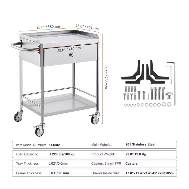 Carrello Medico, Carrello a 2 Strati in Acciaio Inox Capacità 100 kg, Carrello da Laboratorio con Ruote Silenziose a 360° e un Cassetto