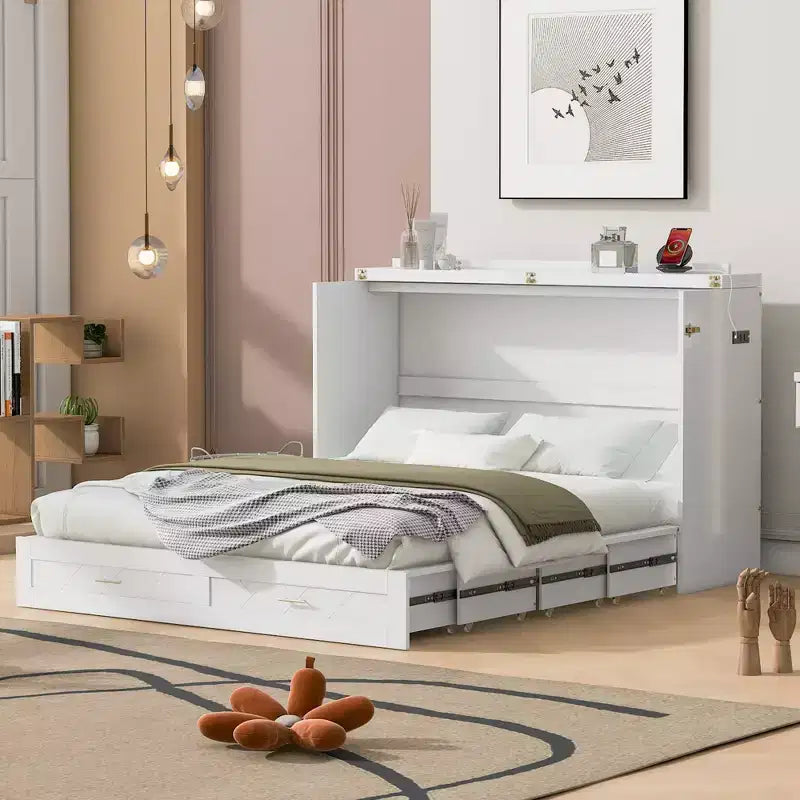 Letto a Scomparsa Matrimoniale Clever Design, Ripiegato in un Armadio con Cassetto e Porte USB