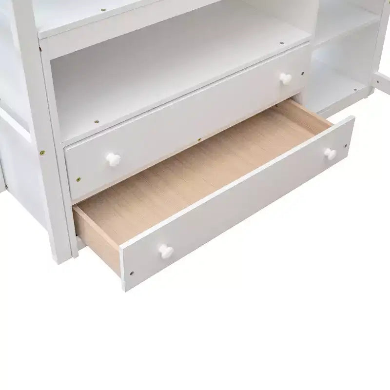 Letto a soppalco da una piazza e mezza/matrimoniale con scrivania e scaffali, struttura in legno di pino con due cassetti integrati