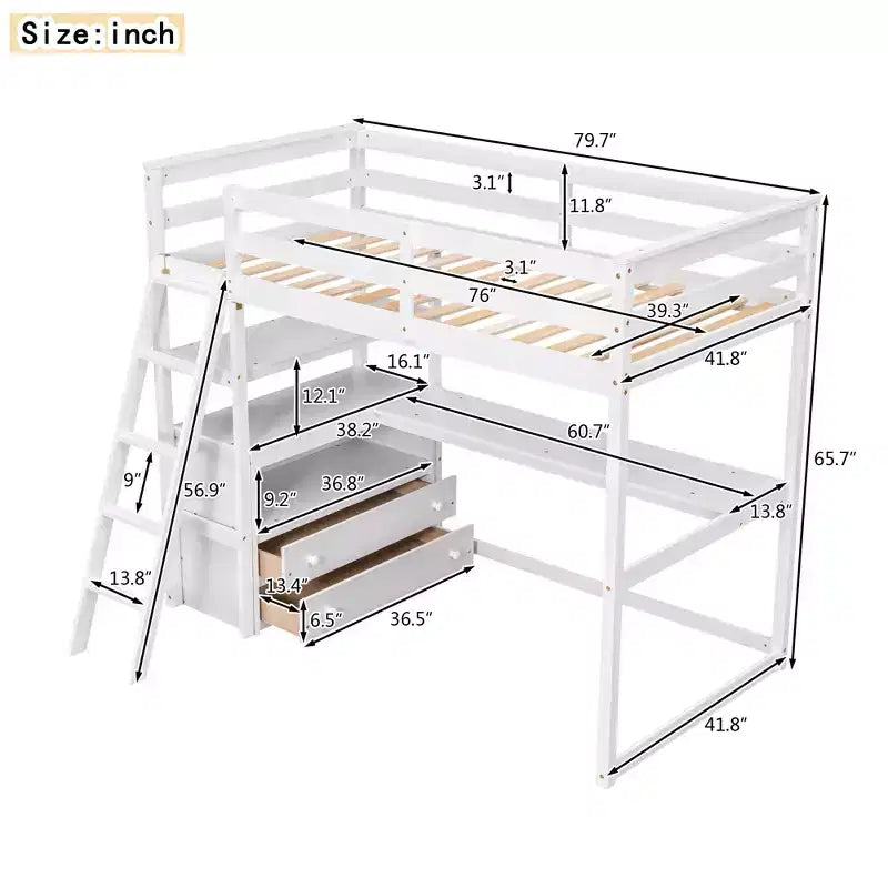 Letto a soppalco da una piazza e mezza/matrimoniale con scrivania e scaffali, struttura in legno di pino con due cassetti integrati