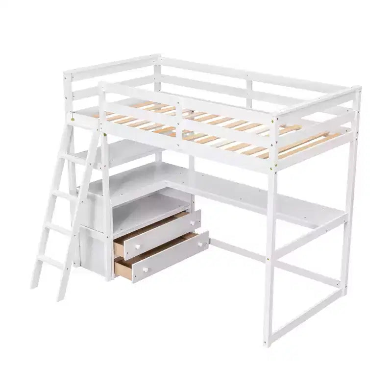 Letto a soppalco da una piazza e mezza/matrimoniale con scrivania e scaffali, struttura in legno di pino con due cassetti integrati