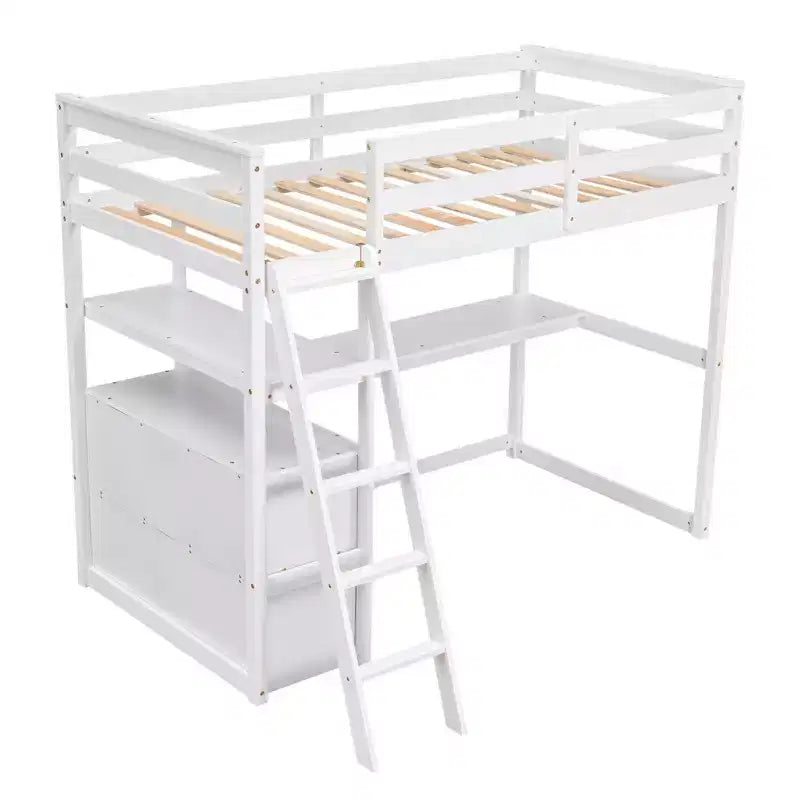 Letto a soppalco da una piazza e mezza/matrimoniale con scrivania e scaffali, struttura in legno di pino con due cassetti integrati