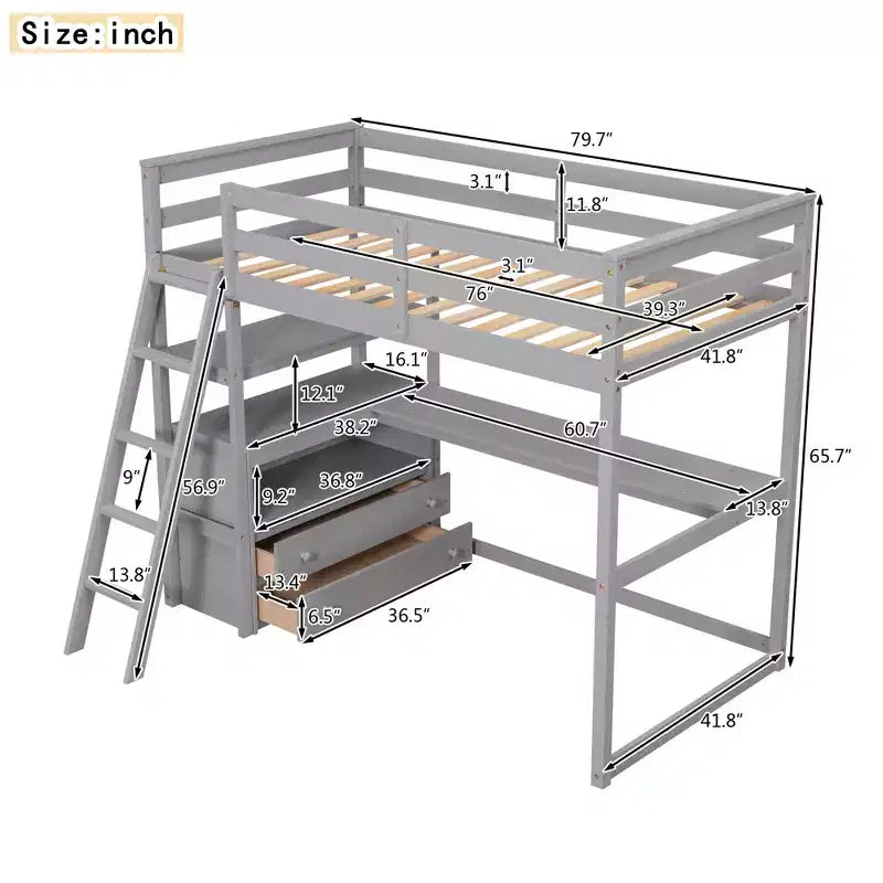 Letto a soppalco da una piazza e mezza/matrimoniale con scrivania e scaffali, struttura in legno di pino con due cassetti integrati