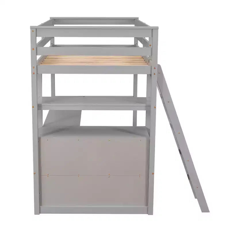 Letto a soppalco da una piazza e mezza/matrimoniale con scrivania e scaffali, struttura in legno di pino con due cassetti integrati