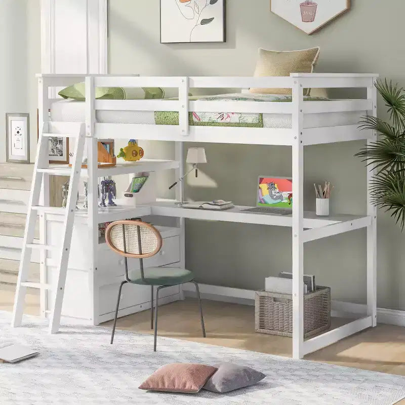 Letto a soppalco da una piazza e mezza/matrimoniale con scrivania e scaffali, struttura in legno di pino con due cassetti integrati