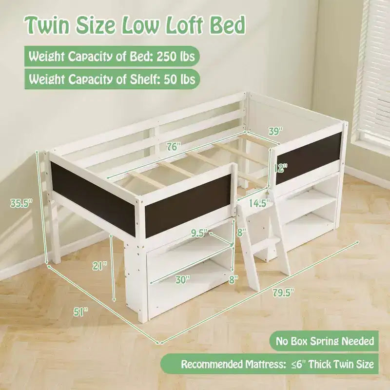 Letto a castello basso singolo con scala a rampa e librerie, sponda di sicurezza a tutta lunghezza, bianco/grigio
