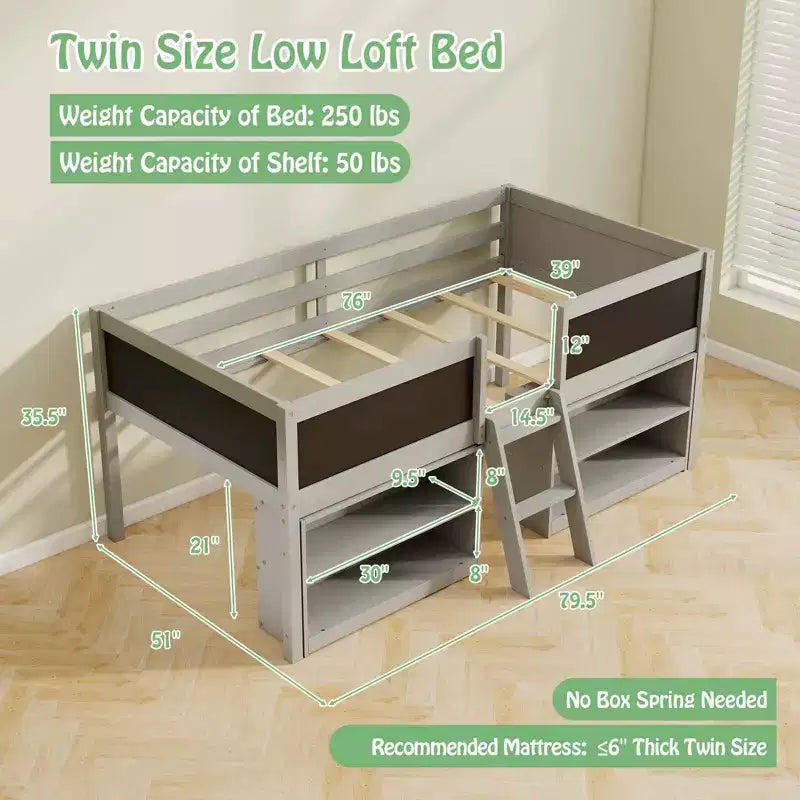 Letto a castello basso singolo con scala a rampa e librerie, sponda di sicurezza a tutta lunghezza, bianco/grigio