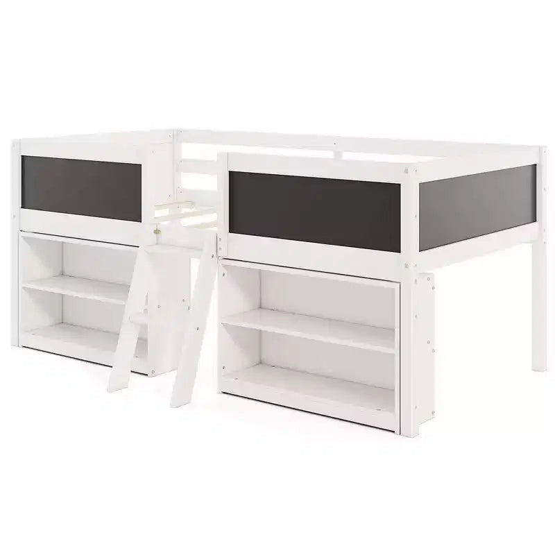 Letto a castello basso singolo con scala a rampa e librerie, sponda di sicurezza a tutta lunghezza, bianco/grigio