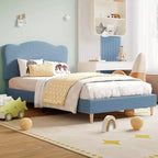 Struttura Letto per Bambini con Testiera a Scollature, Grazioso Letto Singolo in Velluto per Bambine e Bambini, Robusto Letto a Piattaforma, Nessuna Molla Richiesta, Doghe in Legno, Silenzioso