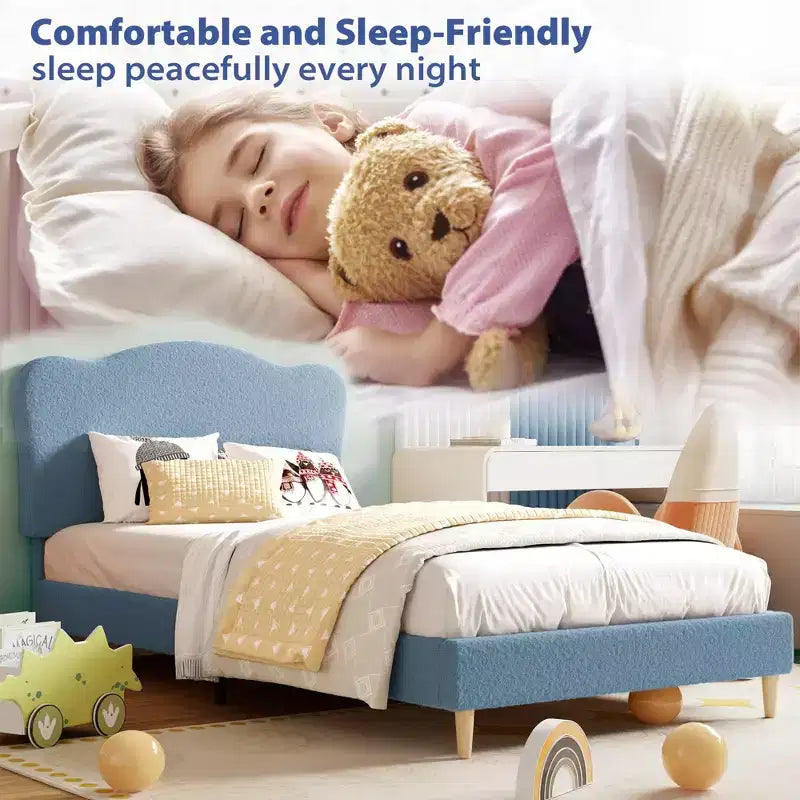 Struttura Letto per Bambini con Testiera a Scollature, Grazioso Letto Singolo in Velluto per Bambine e Bambini, Robusto Letto a Piattaforma, Nessuna Molla Richiesta, Doghe in Legno, Silenzioso