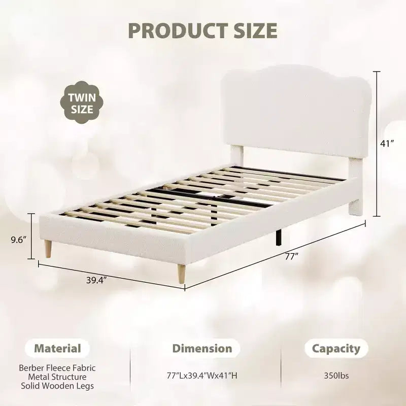 Struttura Letto per Bambini con Testiera a Scollature, Grazioso Letto Singolo in Velluto per Bambine e Bambini, Robusto Letto a Piattaforma, Nessuna Molla Richiesta, Doghe in Legno, Silenzioso