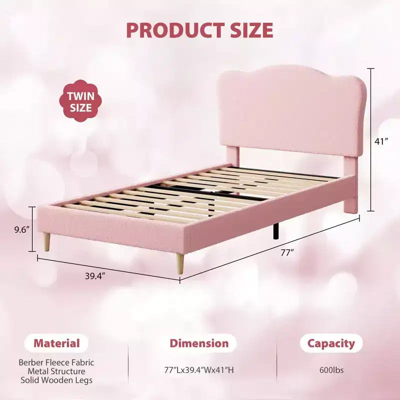 Struttura Letto per Bambini con Testiera a Scollature, Grazioso Letto Singolo in Velluto per Bambine e Bambini, Robusto Letto a Piattaforma, Nessuna Molla Richiesta, Doghe in Legno, Silenzioso