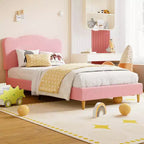 Struttura Letto per Bambini con Testiera a Scollature, Grazioso Letto Singolo in Velluto per Bambine e Bambini, Robusto Letto a Piattaforma, Nessuna Molla Richiesta, Doghe in Legno, Silenzioso