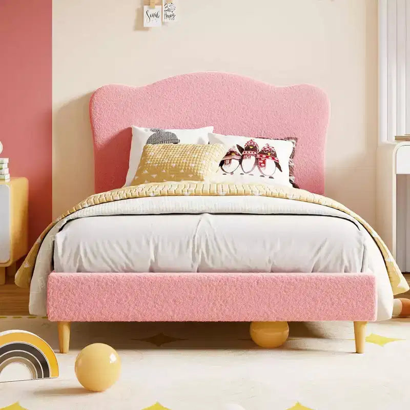 Struttura Letto per Bambini con Testiera a Scollature, Grazioso Letto Singolo in Velluto per Bambine e Bambini, Robusto Letto a Piattaforma, Nessuna Molla Richiesta, Doghe in Legno, Silenzioso