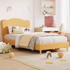 Struttura Letto per Bambini con Testiera a Scollature, Grazioso Letto Singolo in Velluto per Bambine e Bambini, Robusto Letto a Piattaforma, Nessuna Molla Richiesta, Doghe in Legno, Silenzioso