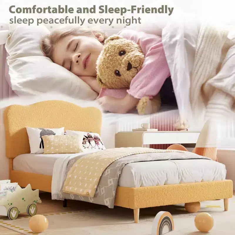 Struttura Letto per Bambini con Testiera a Scollature, Grazioso Letto Singolo in Velluto per Bambine e Bambini, Robusto Letto a Piattaforma, Nessuna Molla Richiesta, Doghe in Legno, Silenzioso