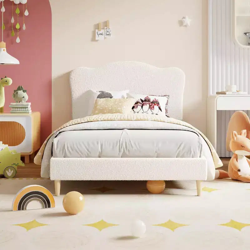Struttura Letto per Bambini con Testiera a Scollature, Grazioso Letto Singolo in Velluto per Bambine e Bambini, Robusto Letto a Piattaforma, Nessuna Molla Richiesta, Doghe in Legno, Silenzioso