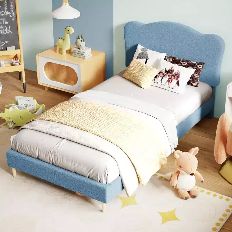 Struttura Letto per Bambini con Testiera a Scollature, Grazioso Letto Singolo in Velluto per Bambine e Bambini, Robusto Letto a Piattaforma, Nessuna Molla Richiesta, Doghe in Legno, Silenzioso
