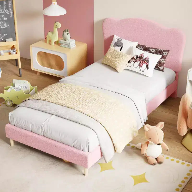 Struttura Letto per Bambini con Testiera a Scollature, Grazioso Letto Singolo in Velluto per Bambine e Bambini, Robusto Letto a Piattaforma, Nessuna Molla Richiesta, Doghe in Legno, Silenzioso