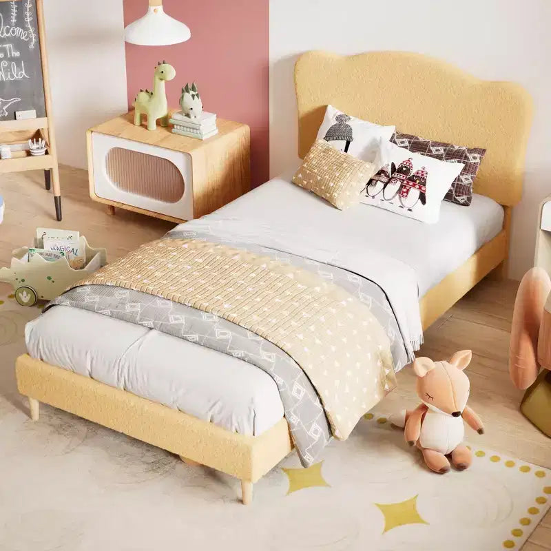 Struttura Letto per Bambini con Testiera a Scollature, Grazioso Letto Singolo in Velluto per Bambine e Bambini, Robusto Letto a Piattaforma, Nessuna Molla Richiesta, Doghe in Legno, Silenzioso