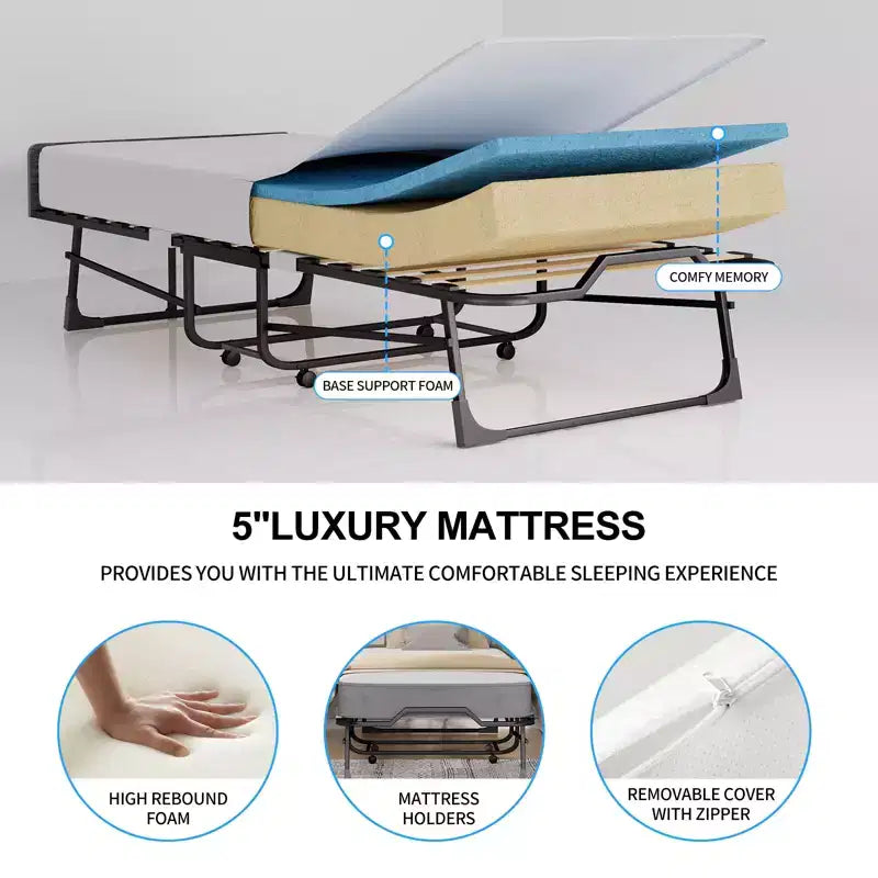 Letto Pieghevole per Adulti con Materasso in Memory Foam e Doghe in Legno, con Copertina Antipolvere, 75*32