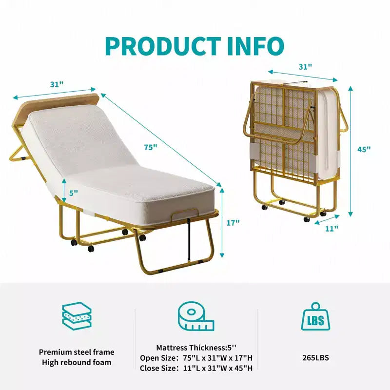Letto Pieghevole per Adulti con Materasso, Materasso in Memory Foam, Letto Pieghevole Portatile con Sacco Antipolvere e Baffle, Letto Pieghevole per Ospiti