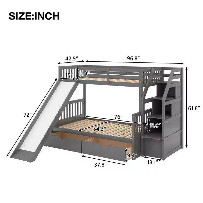Letto a Castello Gemello su Una Piazza e Mezza con Cassetti, Contenitore e Scivolo, Multifunzione
