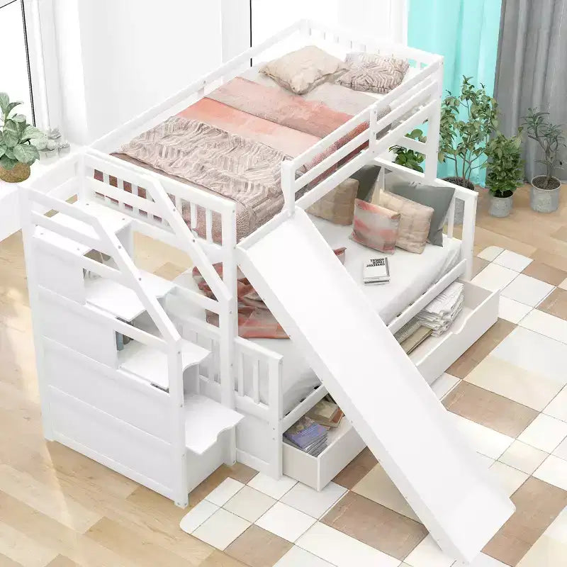 Letto a Castello Gemello su Una Piazza e Mezza con Cassetti, Contenitore e Scivolo, Multifunzione
