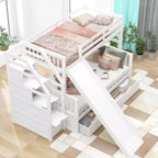 Letto a Castello Gemello su Una Piazza e Mezza con Cassetti, Contenitore e Scivolo, Multifunzione
