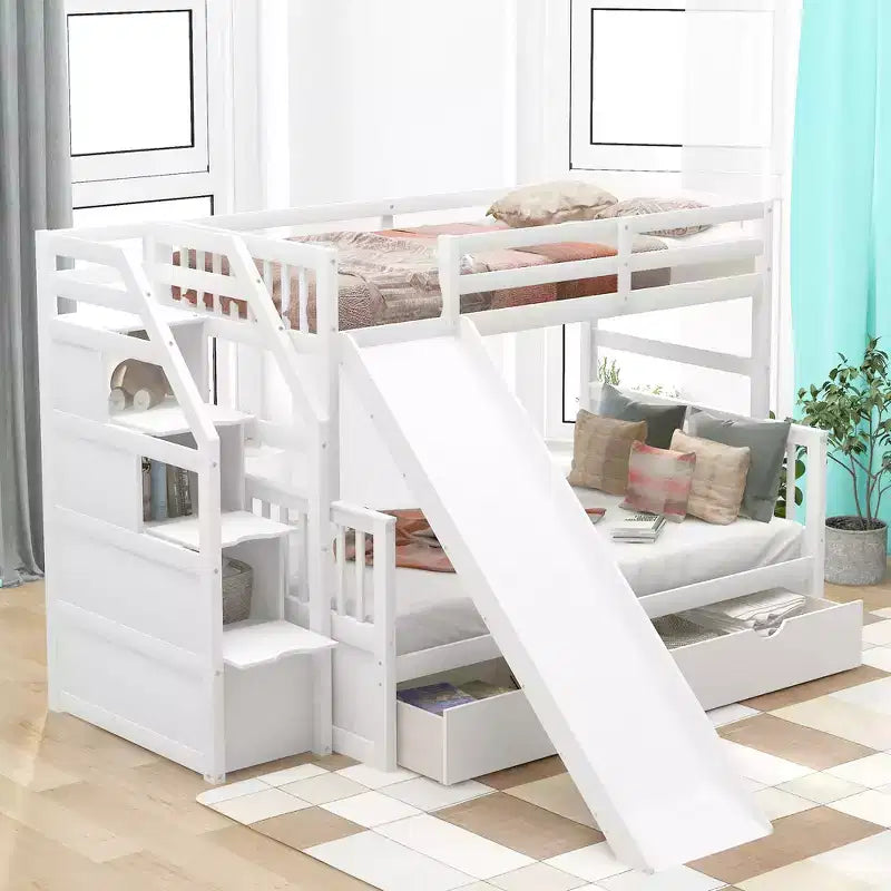 Letto a Castello Gemello su Una Piazza e Mezza con Cassetti, Contenitore e Scivolo, Multifunzione
