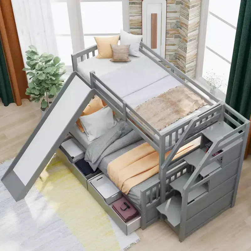 Letto a Castello Gemello su Una Piazza e Mezza con Cassetti, Contenitore e Scivolo, Multifunzione