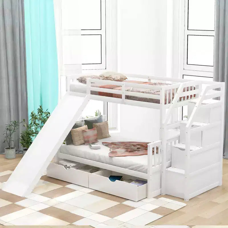 Letto a Castello Gemello su Una Piazza e Mezza con Cassetti, Contenitore e Scivolo, Multifunzione