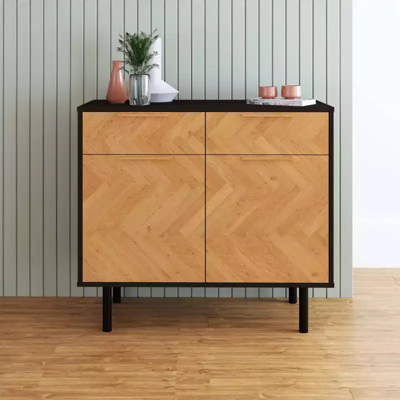 Credenza Liam Mid-Century Modern a 4 ripiani Nera/Naturale