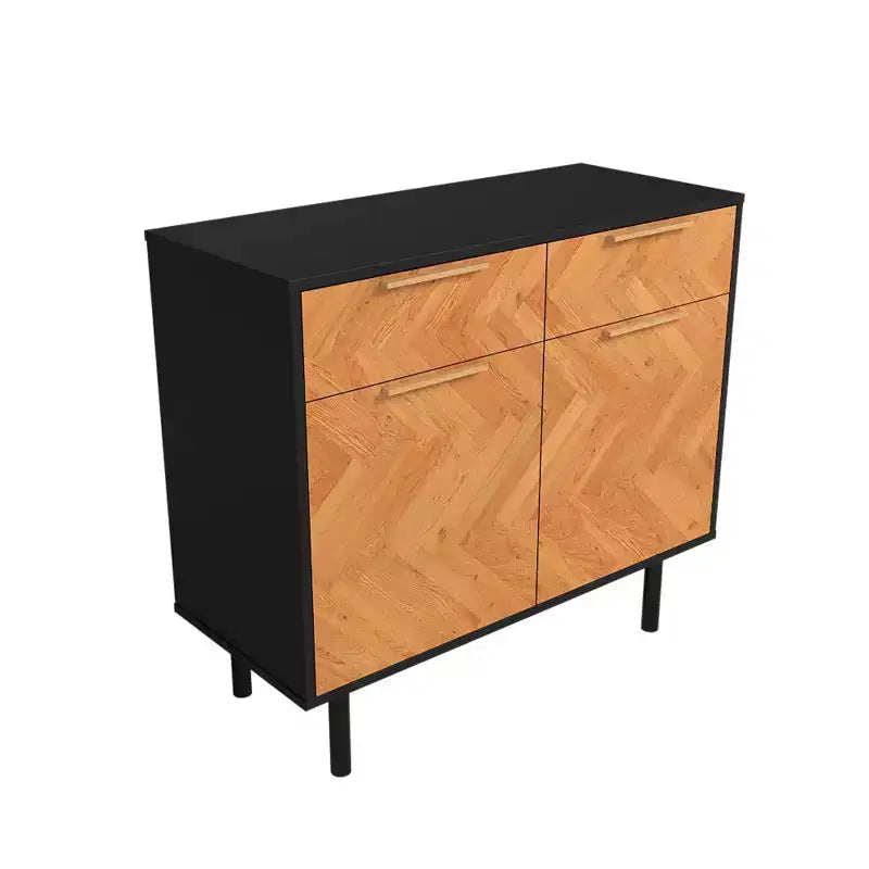Credenza Liam Mid-Century Modern a 4 ripiani Nera/Naturale