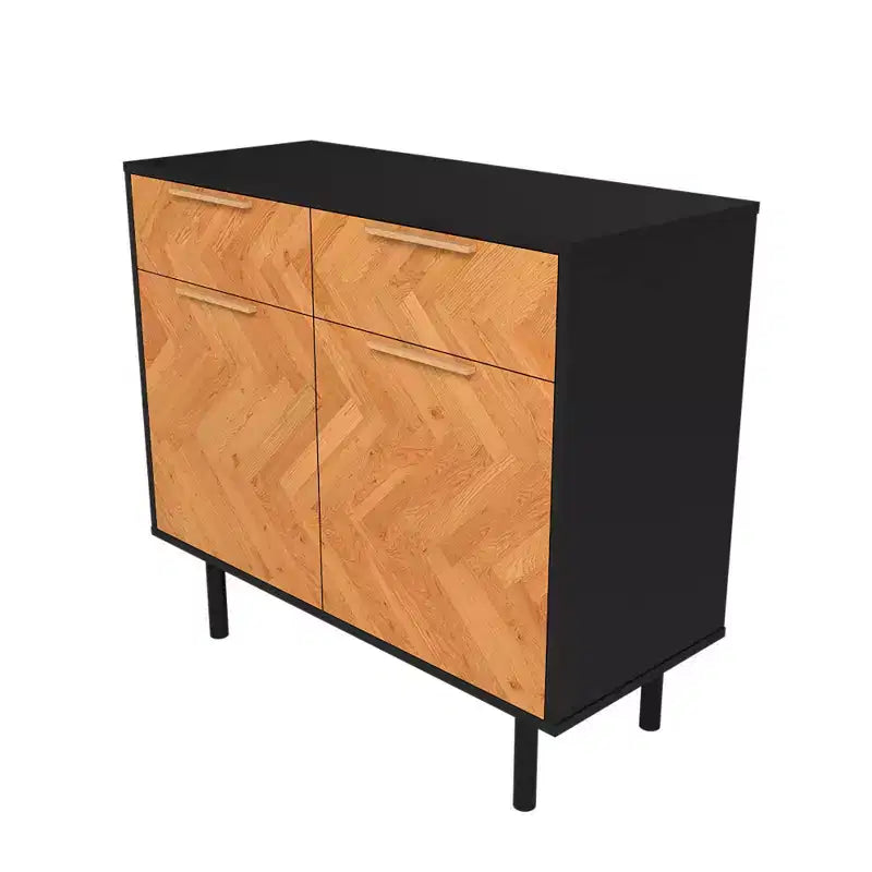 Credenza Liam Mid-Century Modern a 4 ripiani Nera/Naturale