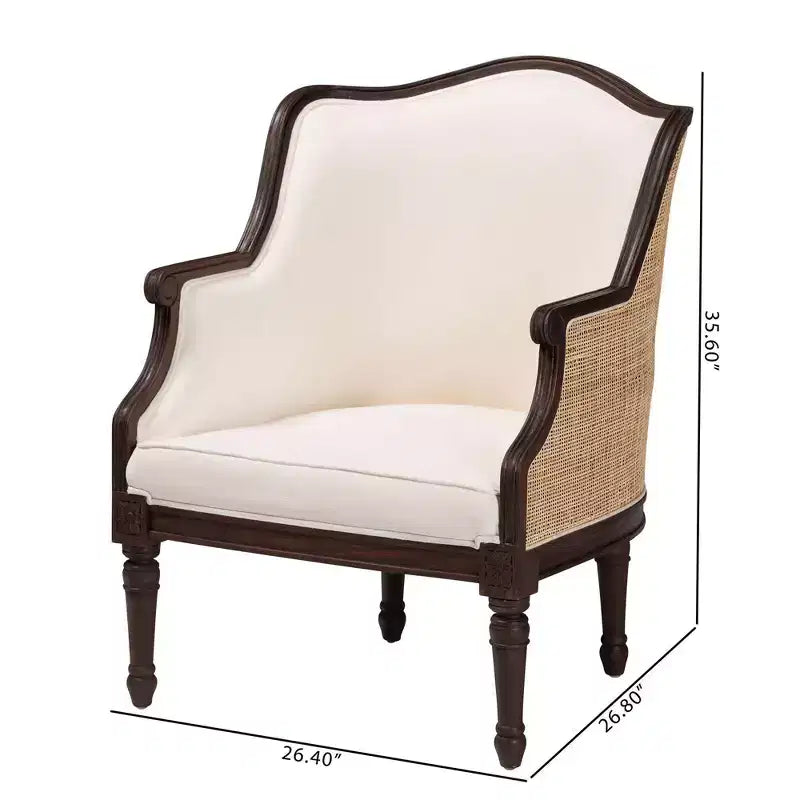 Poltrona d'accento Ornella in tessuto e legno beige/marrone scuro: Rivestimento in poliestere, telaio in rattan