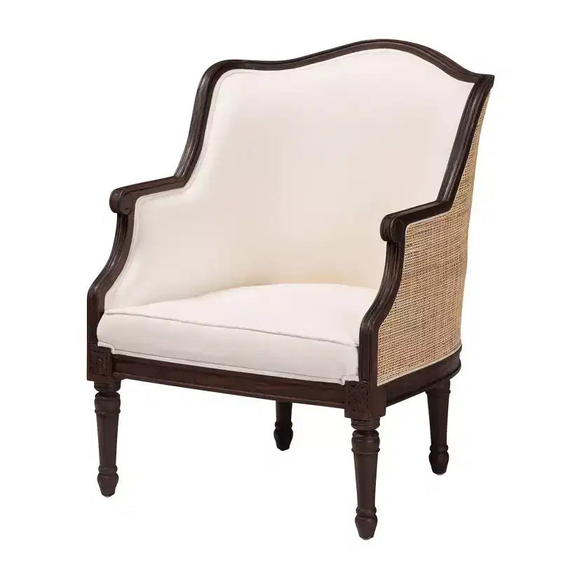 Poltrona d'accento Ornella in tessuto e legno beige/marrone scuro: Rivestimento in poliestere, telaio in rattan