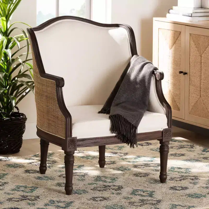 Poltrona d'accento Ornella in tessuto e legno beige/marrone scuro: Rivestimento in poliestere, telaio in rattan