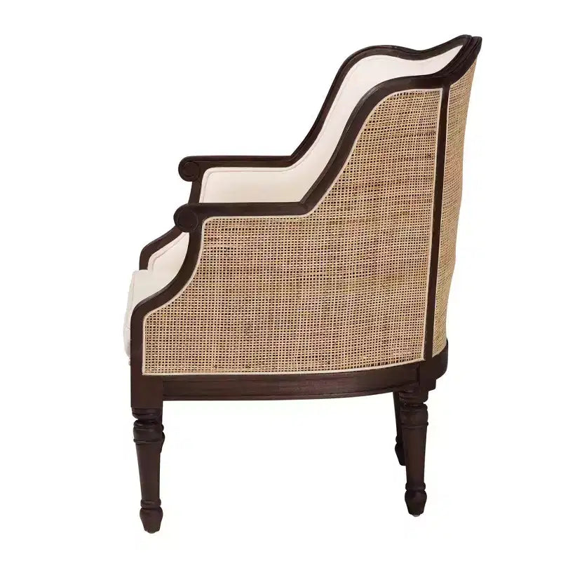 Poltrona d'accento Ornella in tessuto e legno beige/marrone scuro: Rivestimento in poliestere, telaio in rattan
