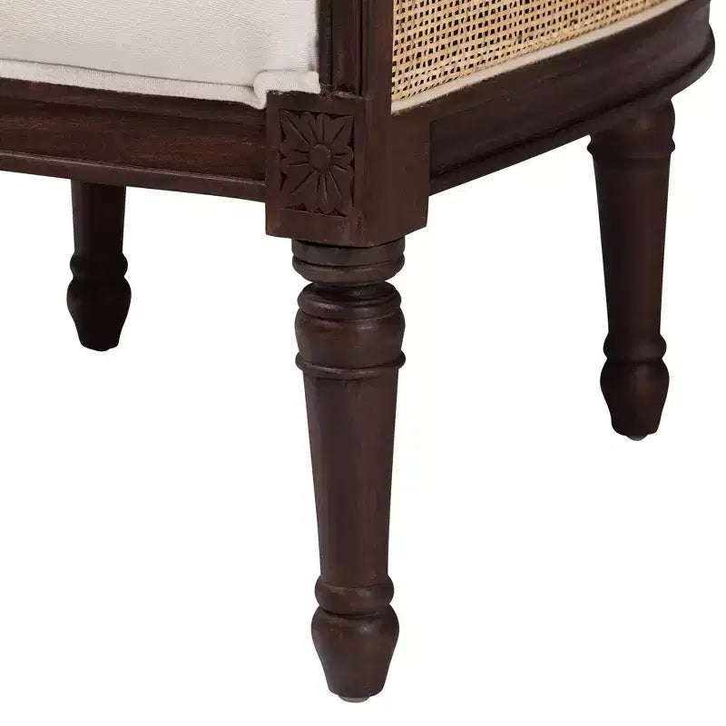 Poltrona d'accento Ornella in tessuto e legno beige/marrone scuro: Rivestimento in poliestere, telaio in rattan