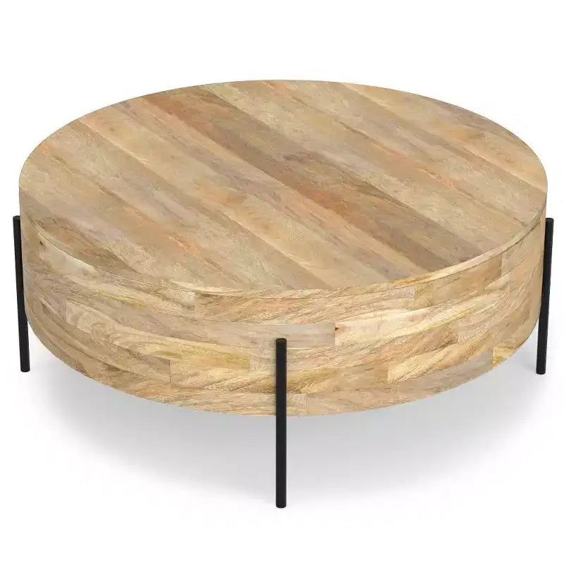 Tavolino da caffè Farmington Drum Naturale: Stile Industriale Moderno, Legno di Mango e Ferro, 38"