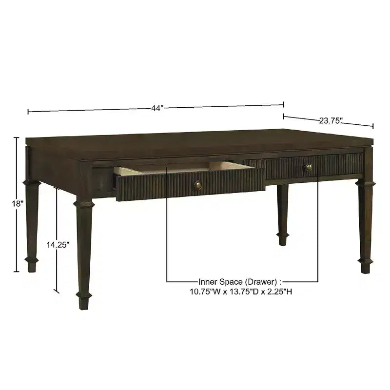 Tavolino da caffè Kenna con 2 cassetti scanalati, marrone: impiallacciatura in legno tradizionale, contenitore, gambe affusolate, ferramenta in ottone