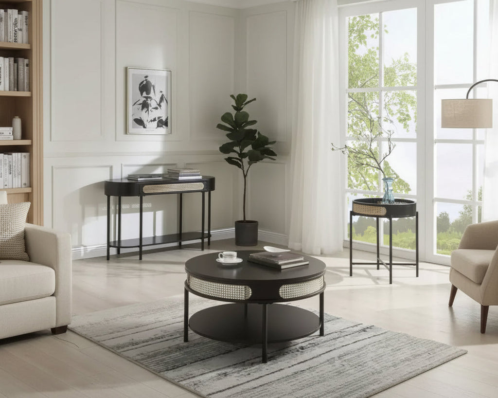 Tavolino d'appoggio Colson da 22" Finitura nera: Dettagli in rattan, Struttura in metallo, Piano in legno, Nessun assemblaggio richiesto